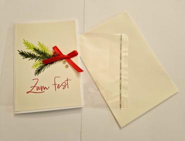 Weihnachtskarten Tannenzweig - Text Zum Fest - weiß, Vanille pur - rote Schleife